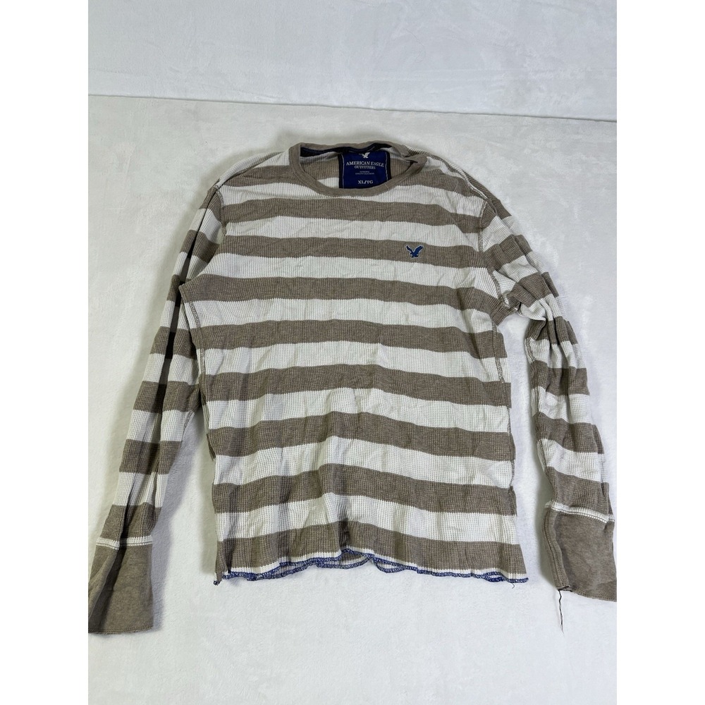 American Eagle Shirt Mens XL Brown Striped Long Sleeve Waffle Thermal  VTG Y2K